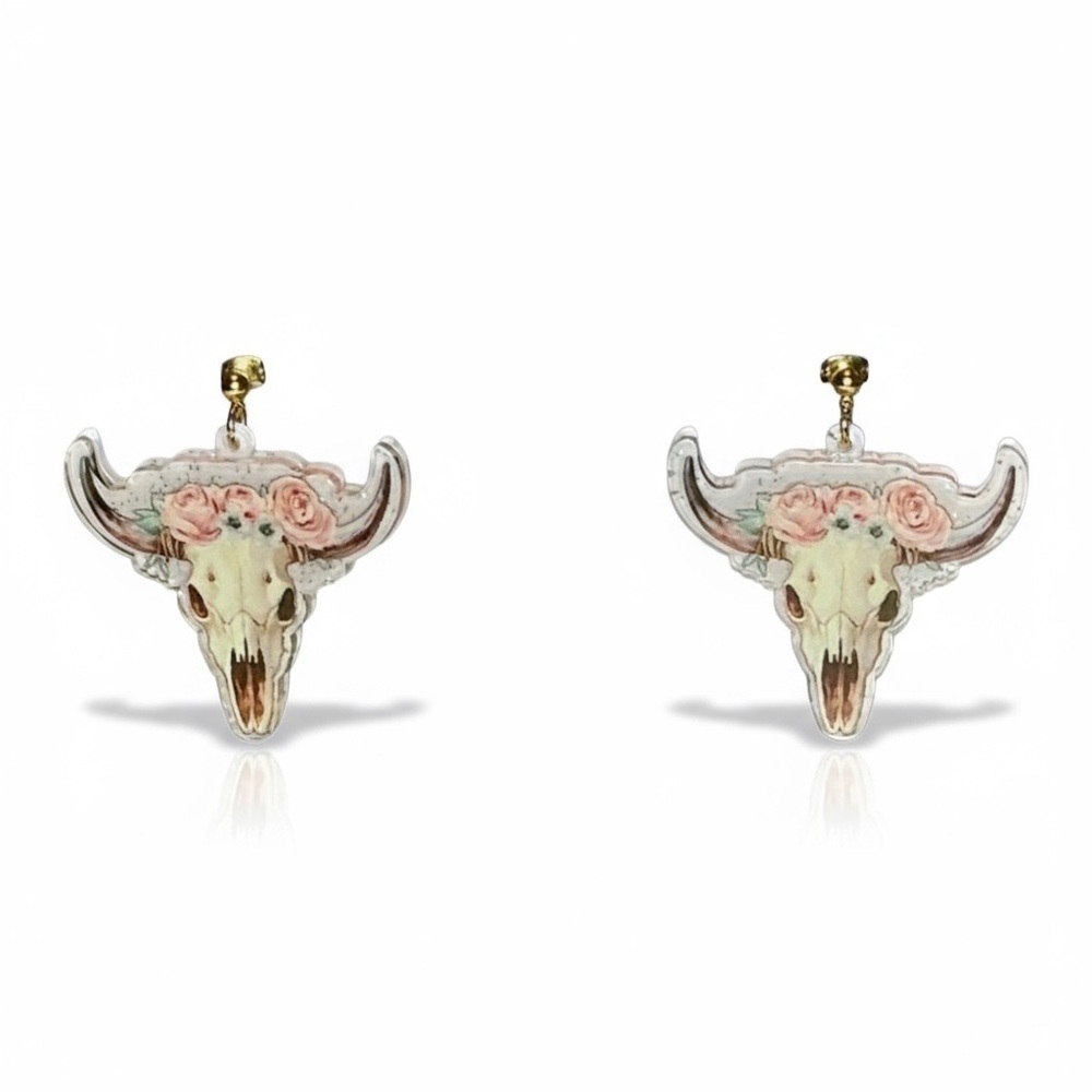 Pink and White Floral Bull Skull with Flowers Roses Resin Earrings